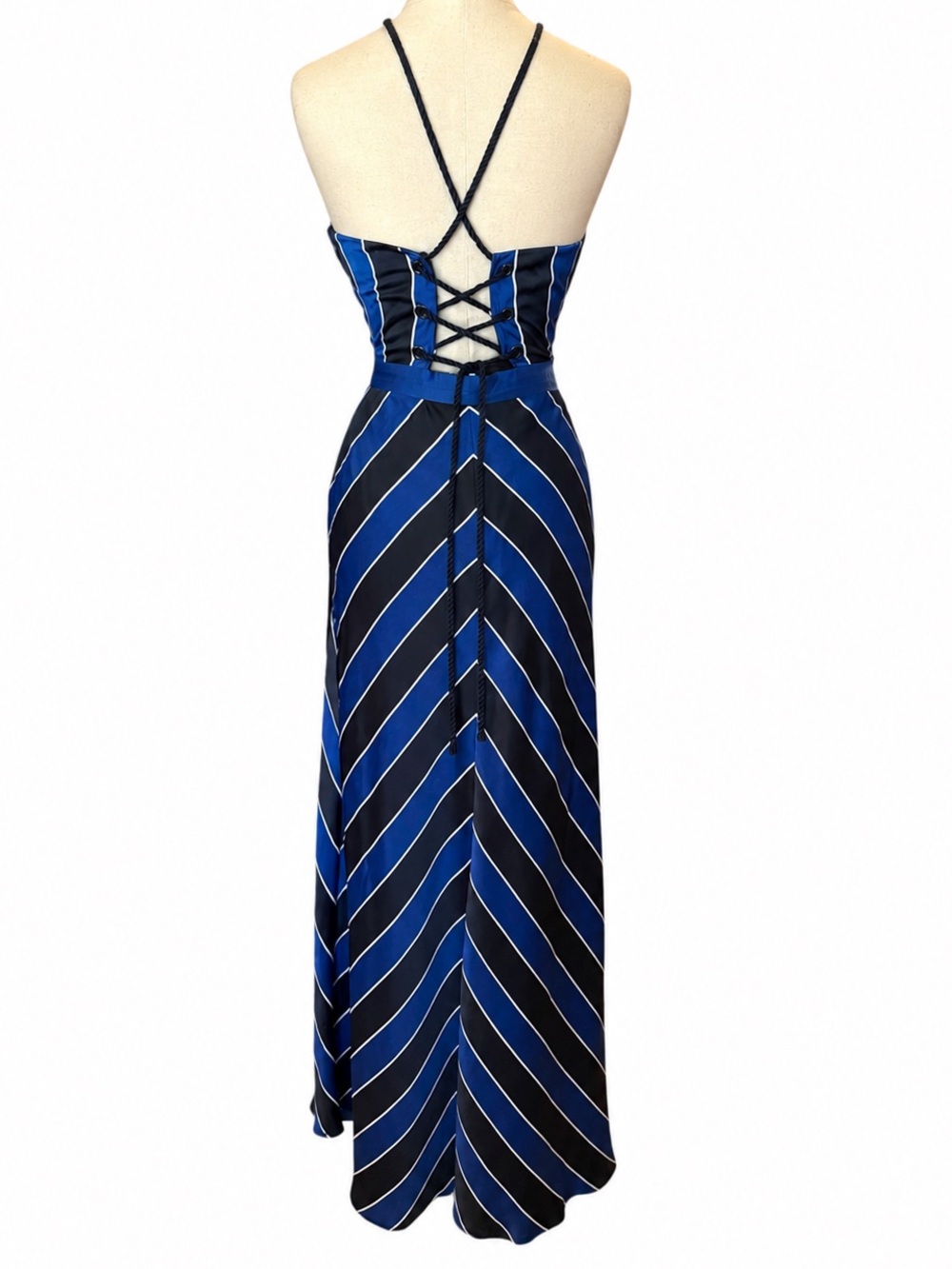 Guess Y2K Halter Maxi Dress Blue Black Chevron Lace Up Back Size 6 - Picture 2 of 13